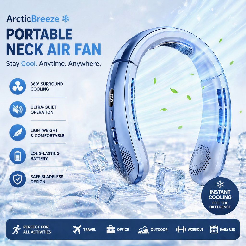 ❄️ ArcticBreeze Portable Neck Air Fan – Hands-Free Cooling Anywhere, Anytime! 🔋🌬️