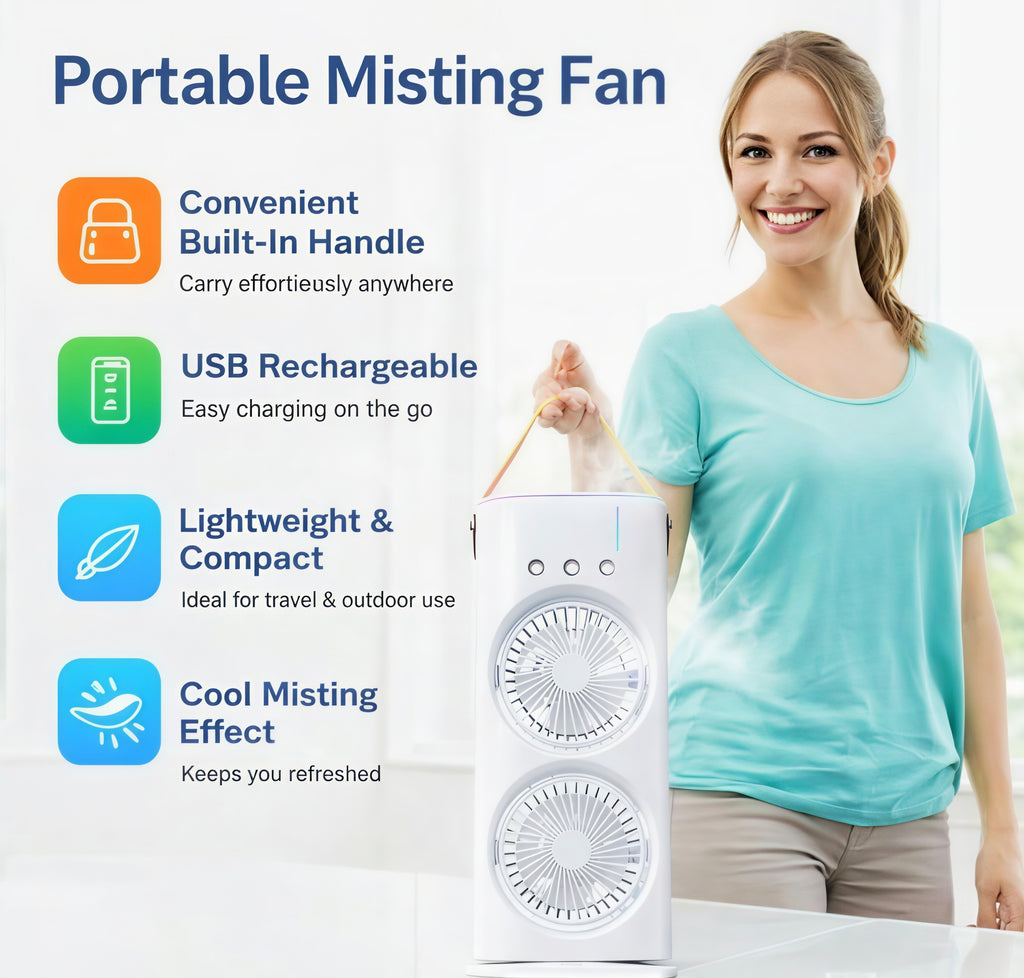 2-in-1 Portable Dual Cooling Fan ❄️💨 with RGB Lights 🌈 | Rechargeable Mini Air Cooler 🔋 for Home 🏠, Office 💼 & Travel ✈️