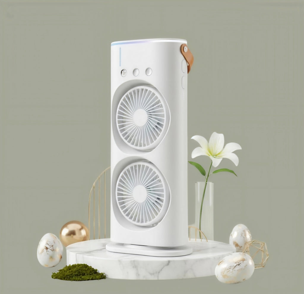 2-in-1 Portable Dual Cooling Fan ❄️💨 with RGB Lights 🌈 | Rechargeable Mini Air Cooler 🔋 for Home 🏠, Office 💼 & Travel ✈️