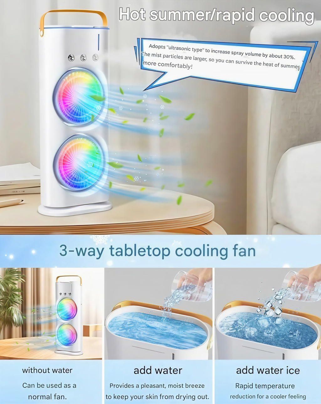 2-in-1 Portable Dual Cooling Fan ❄️💨 with RGB Lights 🌈 | Rechargeable Mini Air Cooler 🔋 for Home 🏠, Office 💼 & Travel ✈️