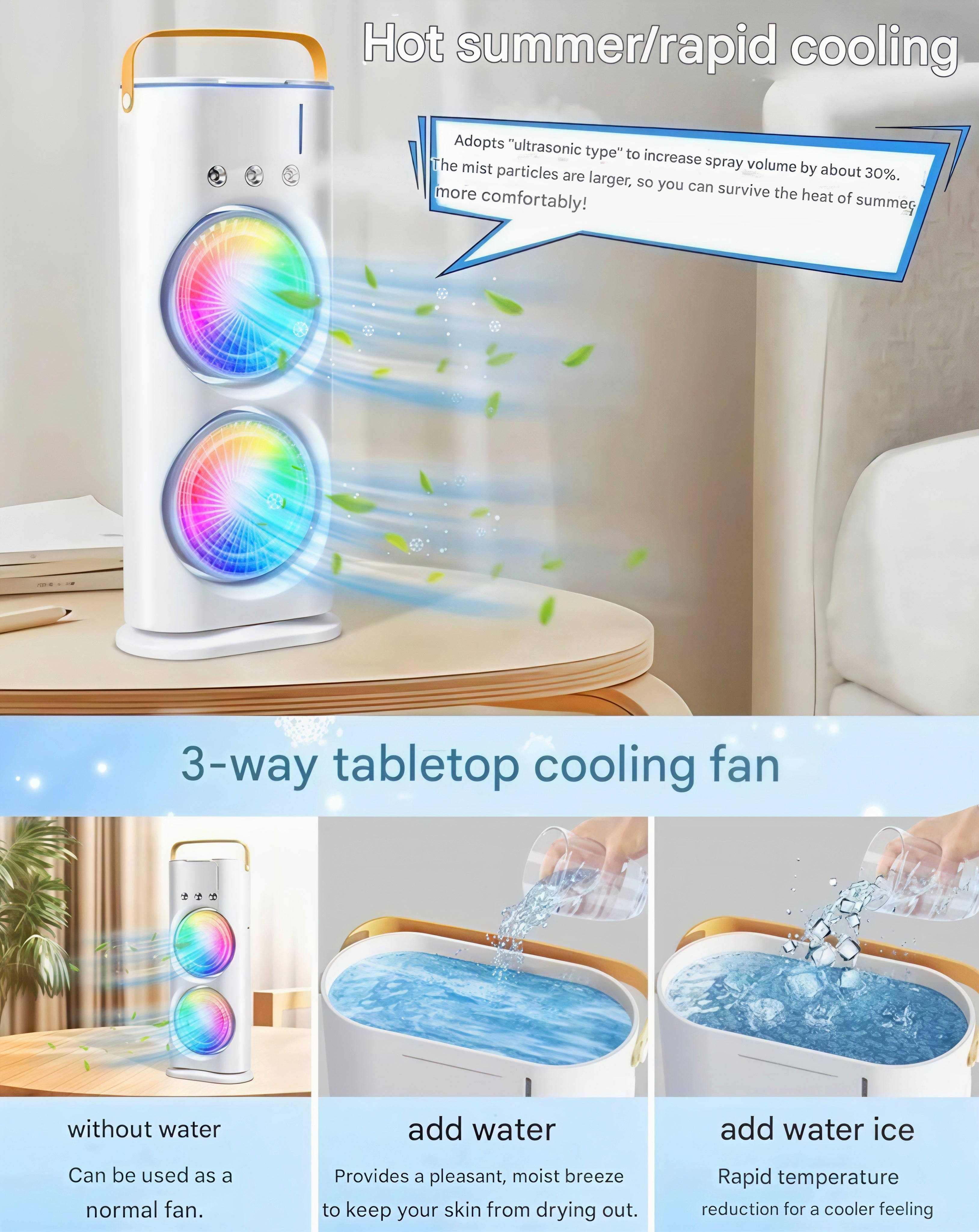 2-in-1 Portable Dual Cooling Fan ❄️💨 with RGB Lights 🌈 | Rechargeable Mini Air Cooler 🔋 for Home 🏠, Office 💼 & Travel ✈️